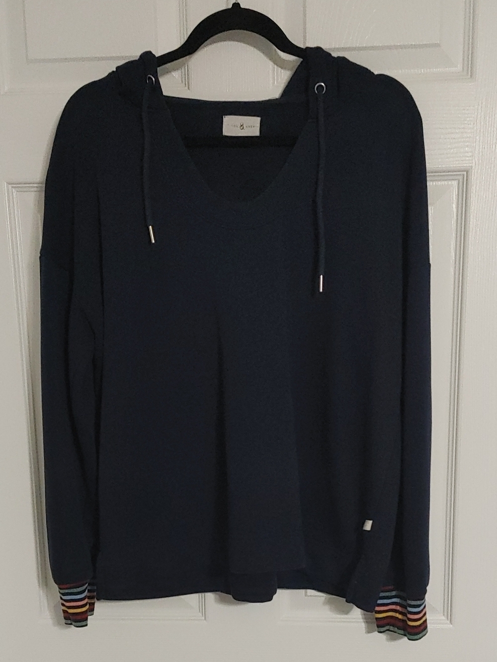 Lou & Grey Navy V-Neck Hooded Sweater with Multicolor Striped Cuffs Size Large
